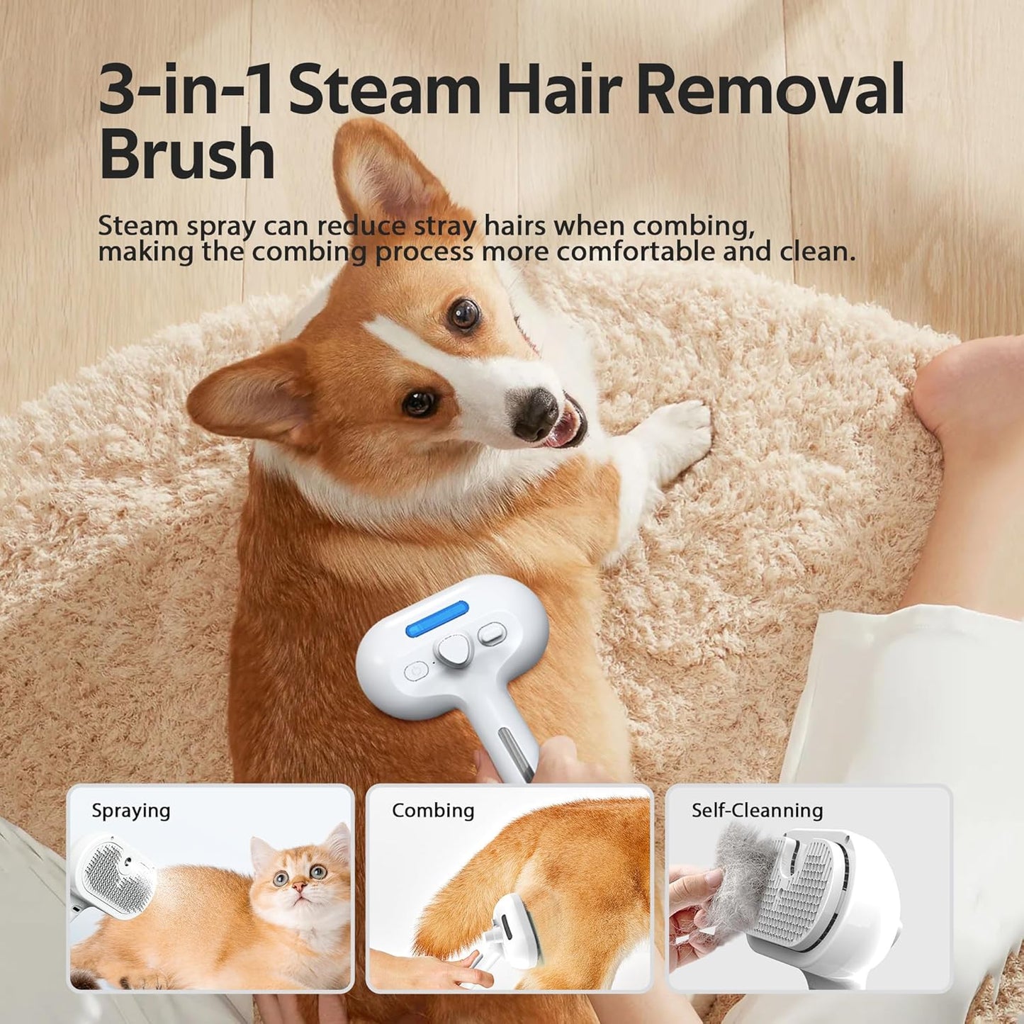 Pet Grooming Brush with Electronic Mist Spray - Gentle Deshedding Tool for Cats & Dogs, Pet Steam Brush,Reduces Shedding, Soft Bristles, Promotes Healthy Coat-Comes with a Hair Smoothing Comb-White