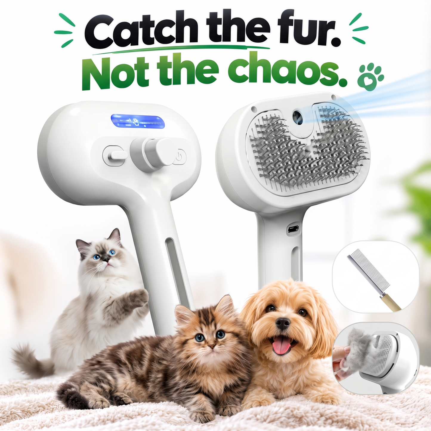 SteamPaws- Self-Cleaning 3-in-1 Steam Deshedding Brush for Cats & Dogs